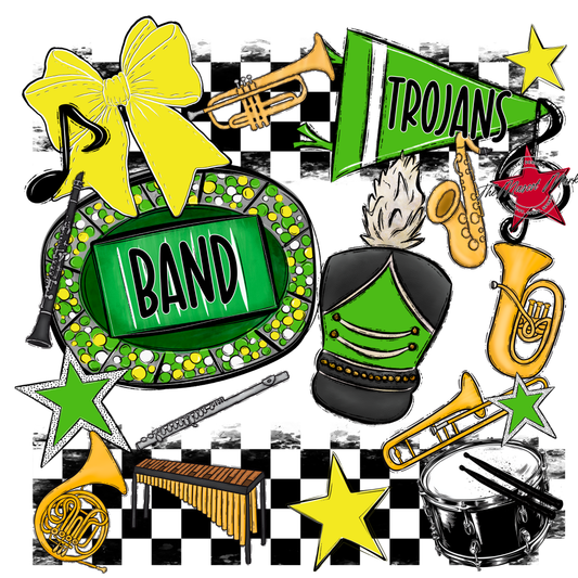 Trojans Checkers Band Spirit Design-Bright Green-Bright Yellow