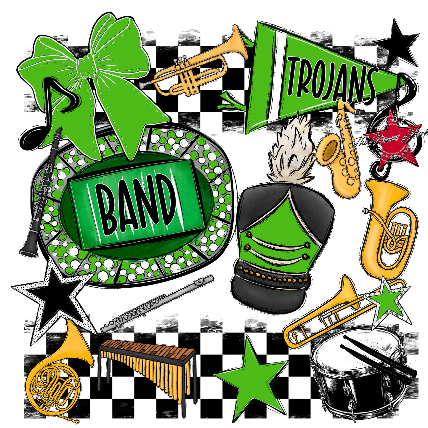 Trojans Checkers Band Spirit Design-Bright Green