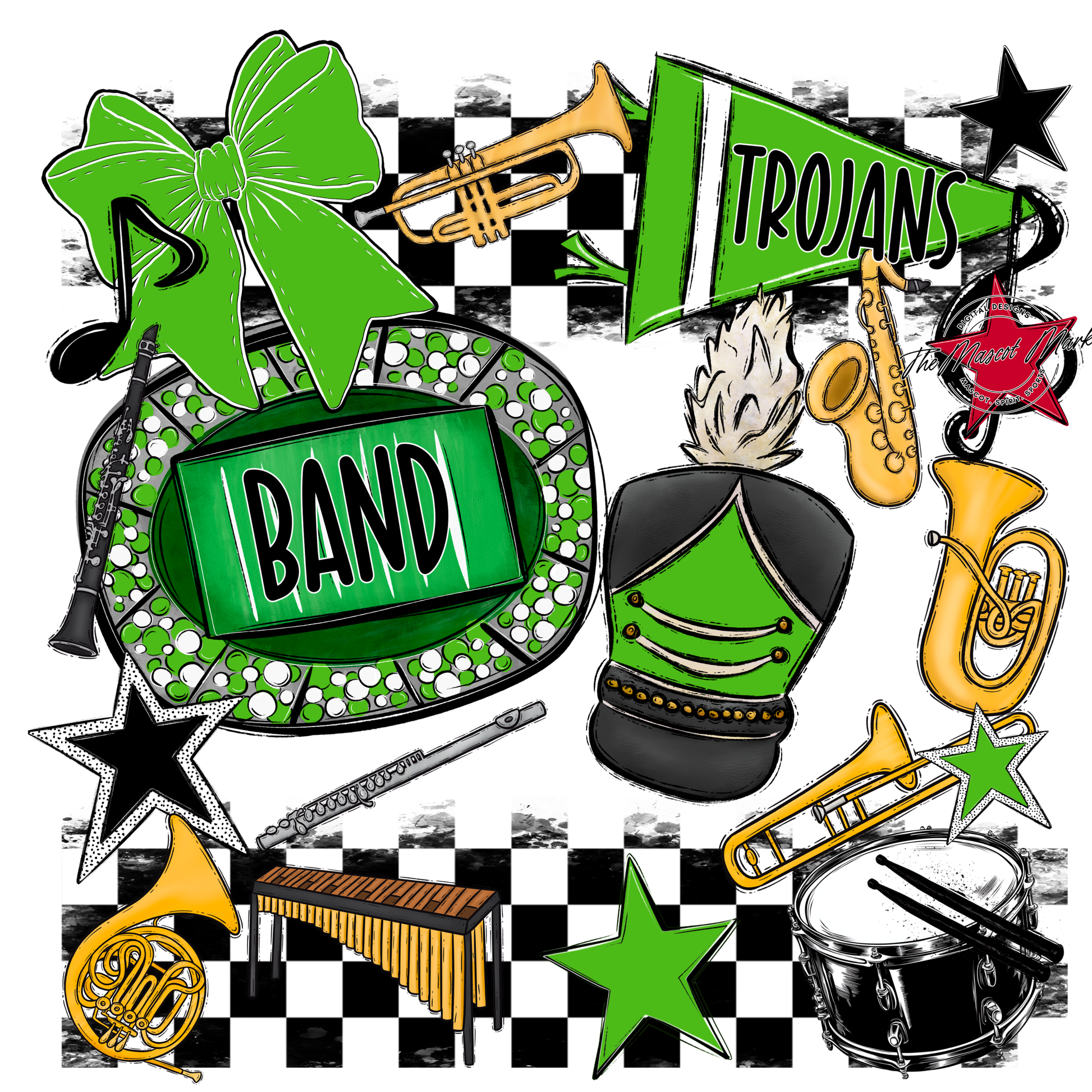 Trojans Checkers Band Spirit Design-Bright Green