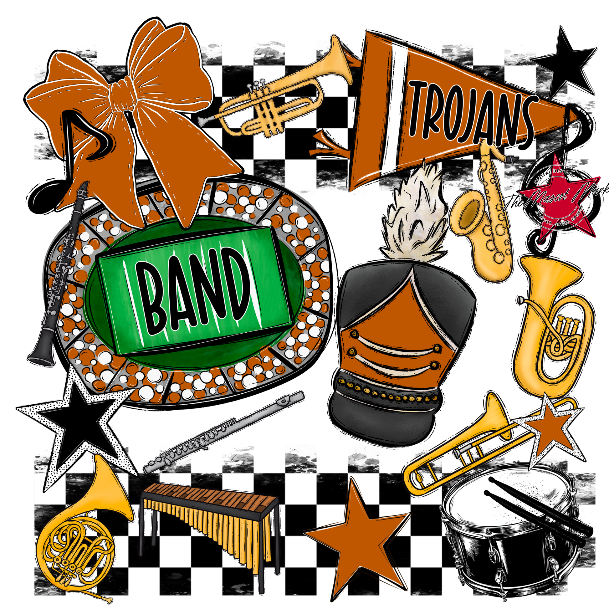 Trojans Checkers Band Spirit Design-Burnt Orange