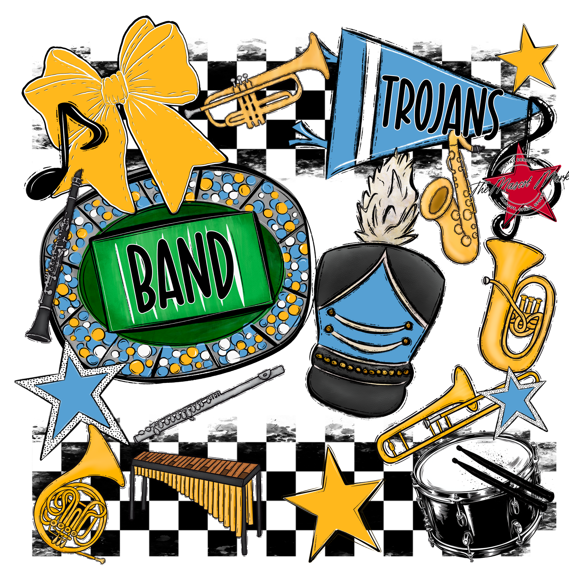 Trojans Checkers Band Spirit Design-Carolina Blue-Yellow