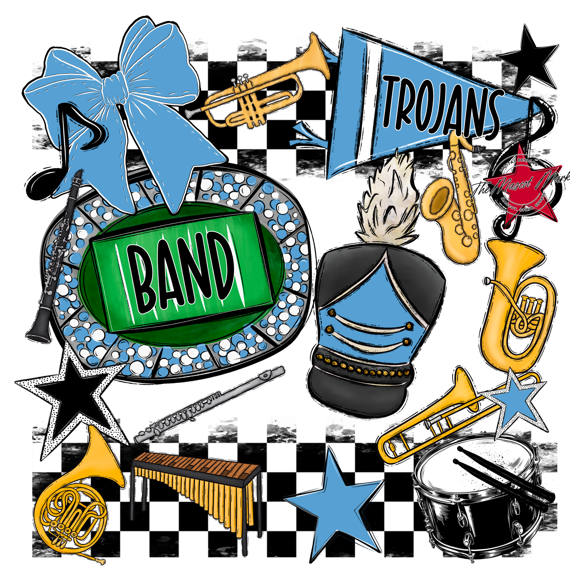 Trojans Checkers Band Spirit Design-Carolina Blue