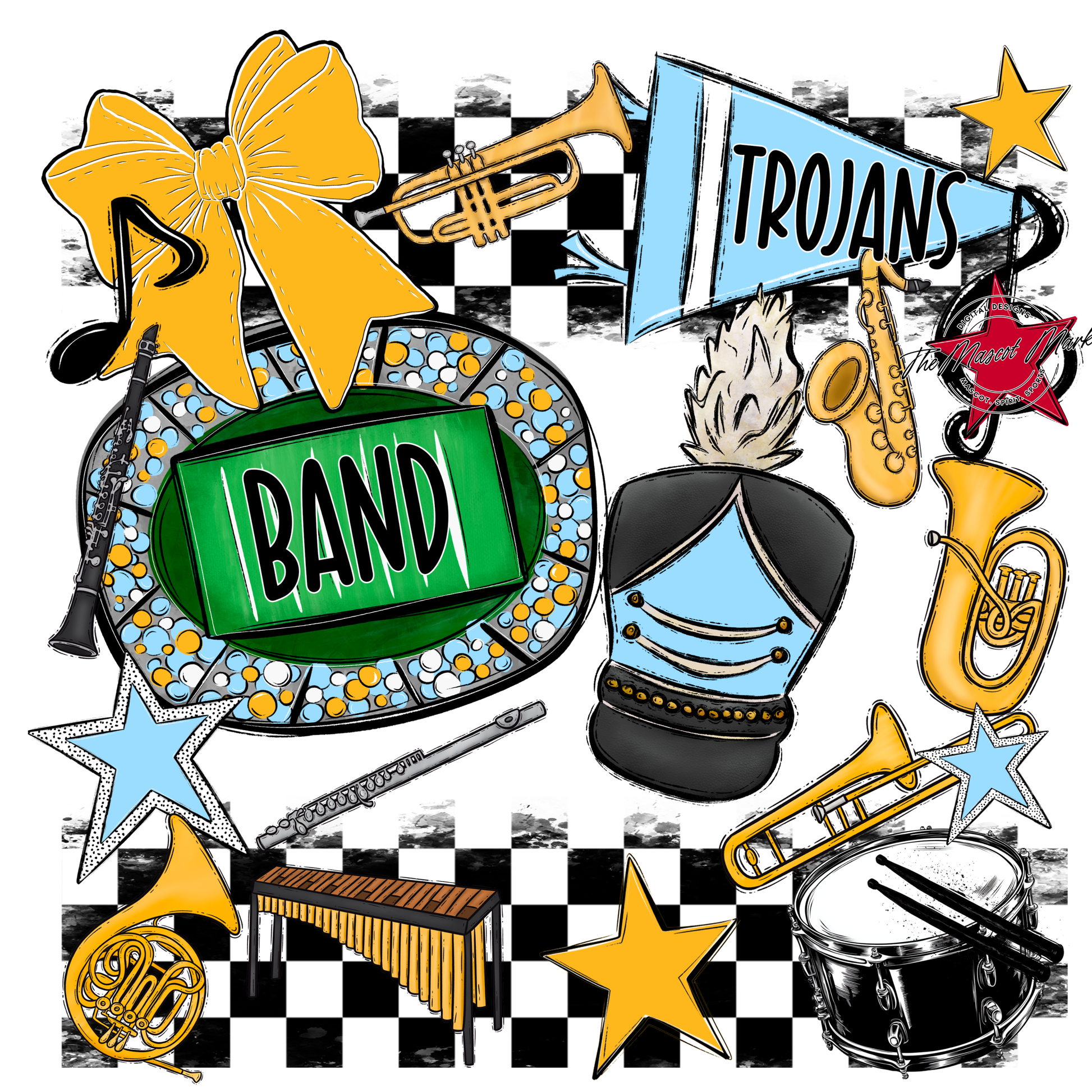 Trojans Checkers Band Spirit Design-Columbia Blue-Yellow