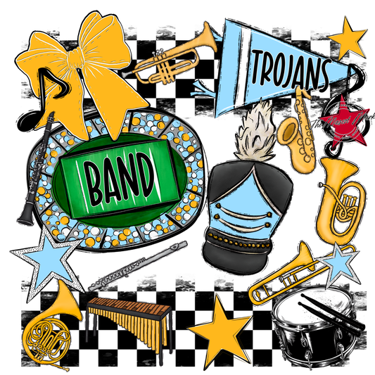 Trojans Checkers Band Spirit Design-Columbia Blue-Yellow
