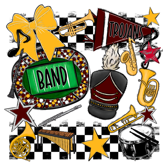 Trojans Checkers Band Spirit Design-Maroon-Yellow