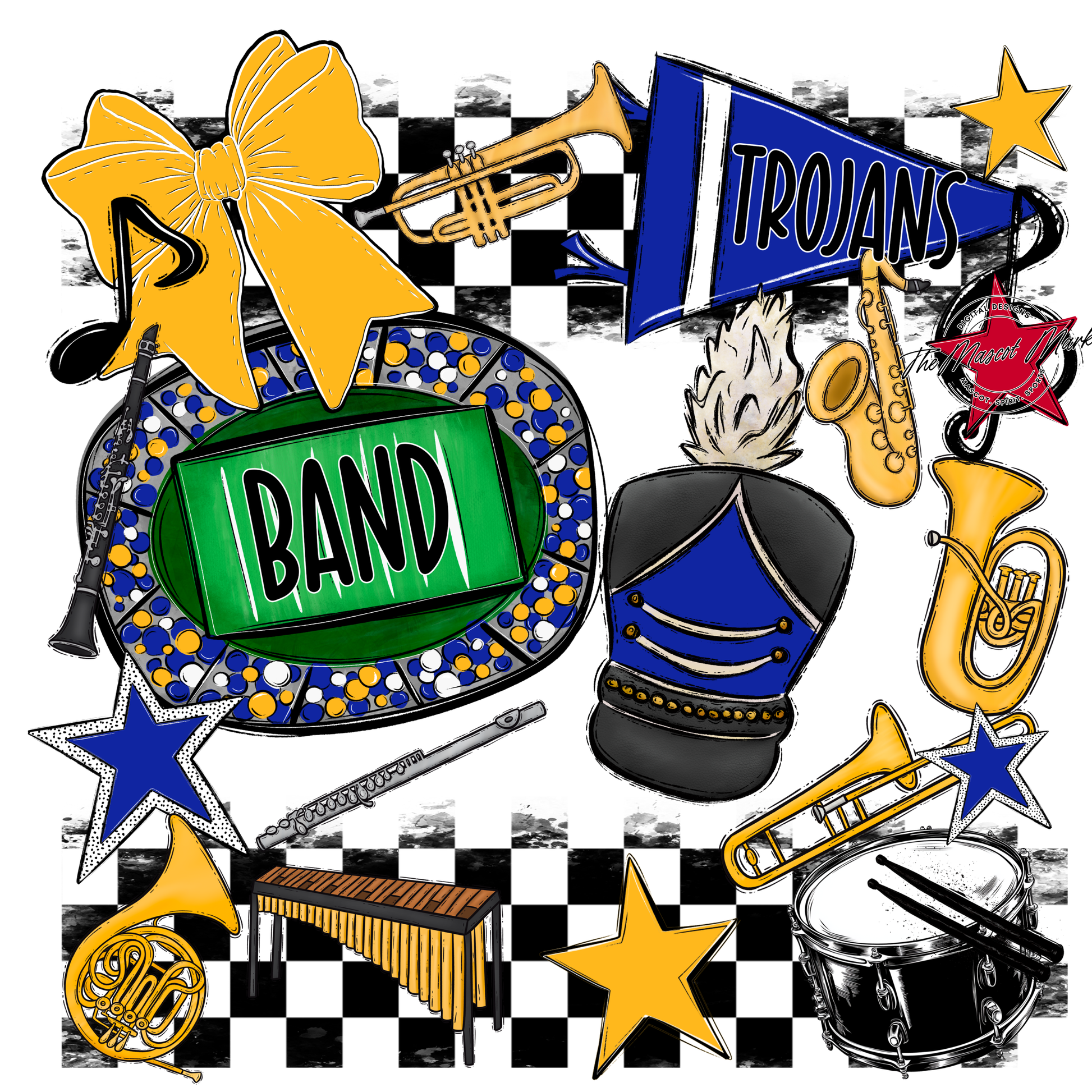 Trojans Checkers Band Spirit Design-Royal Blue-Yellow