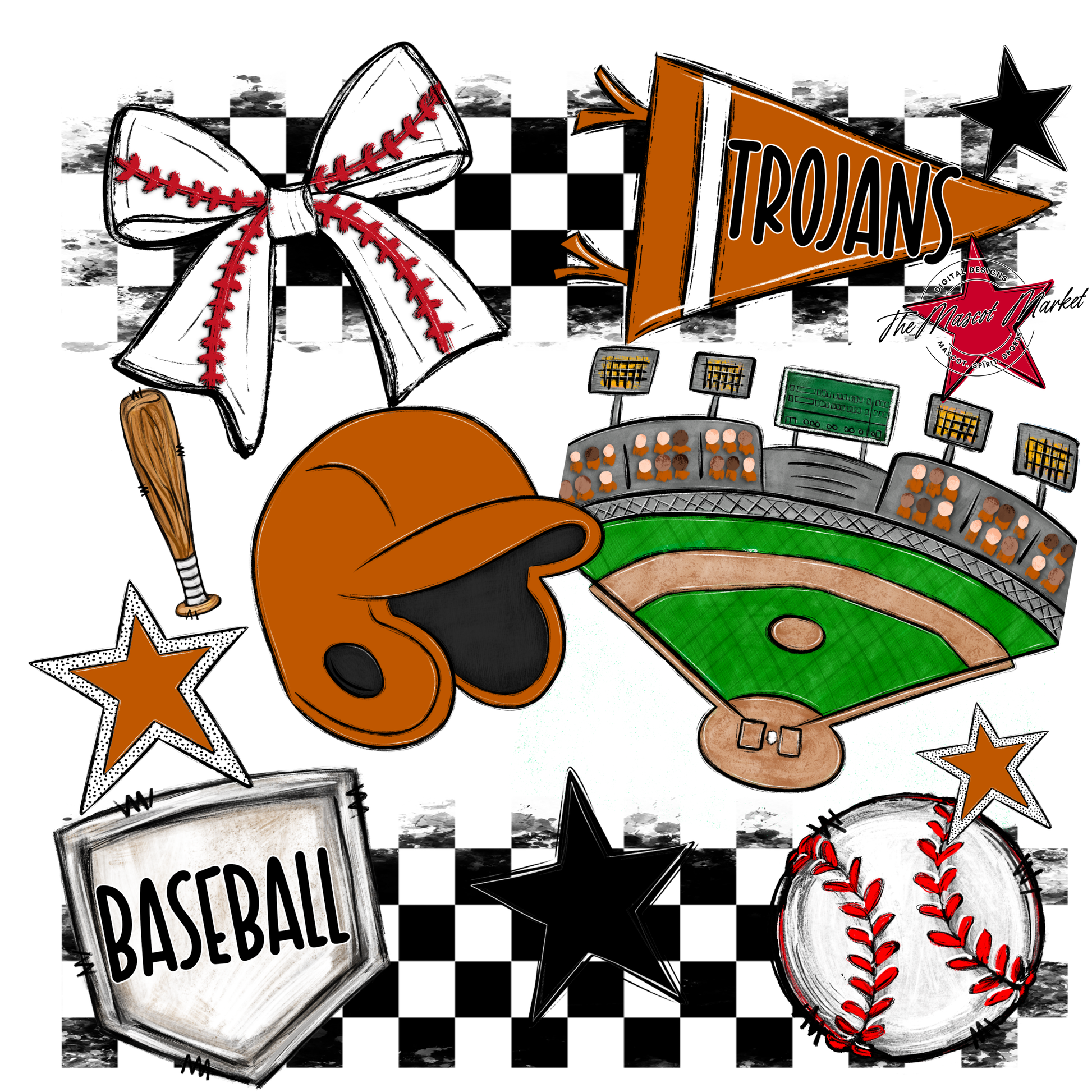 Trojans Checkers Baseball Spirit Design-Burnt Orange