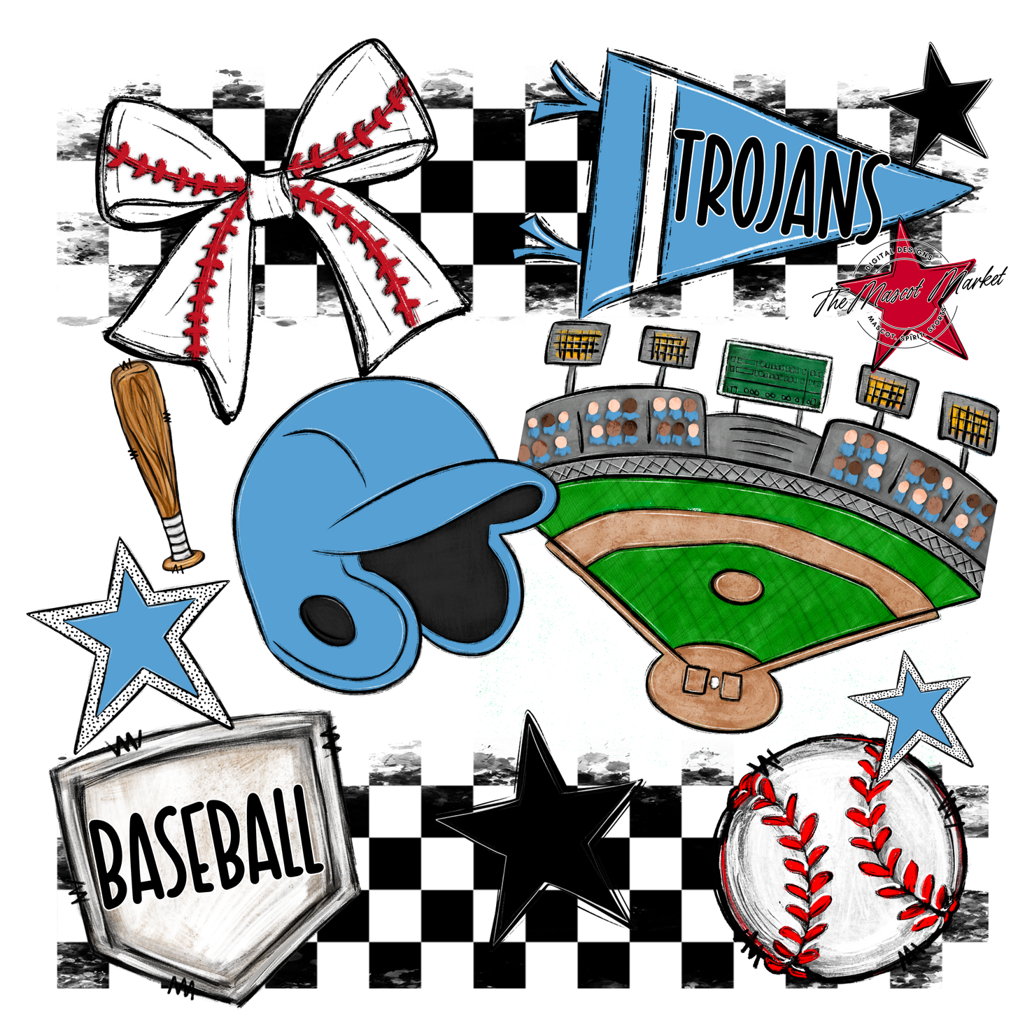 Trojans Checkers Baseball Spirit Design-Carolina Blue