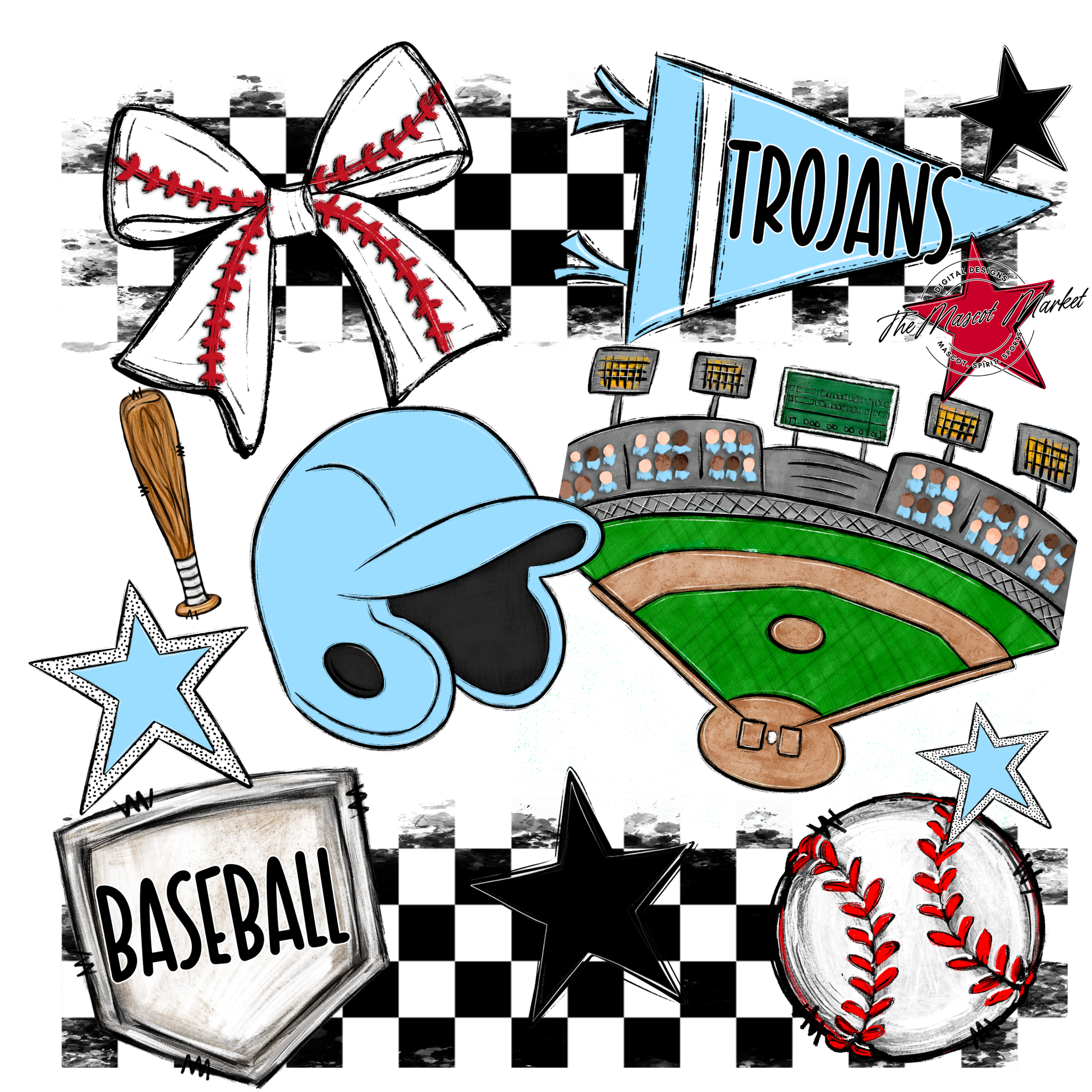 Trojans Checkers Baseball Spirit Design-Columbia Blue