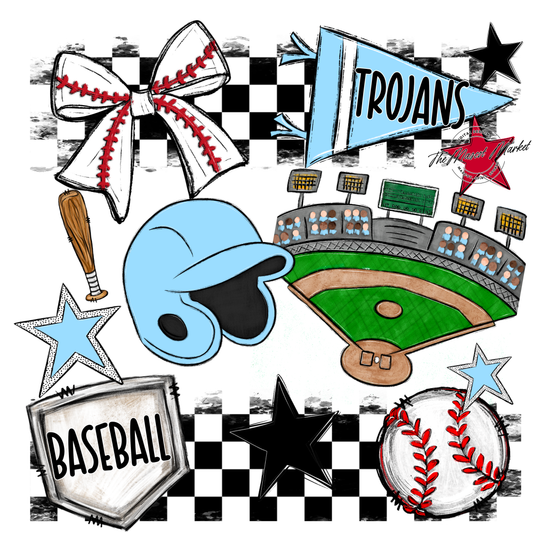 Trojans Checkers Baseball Spirit Design-Columbia Blue
