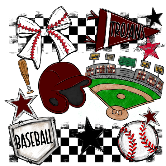 Trojans Checkers Baseball Spirit Design-Maroon