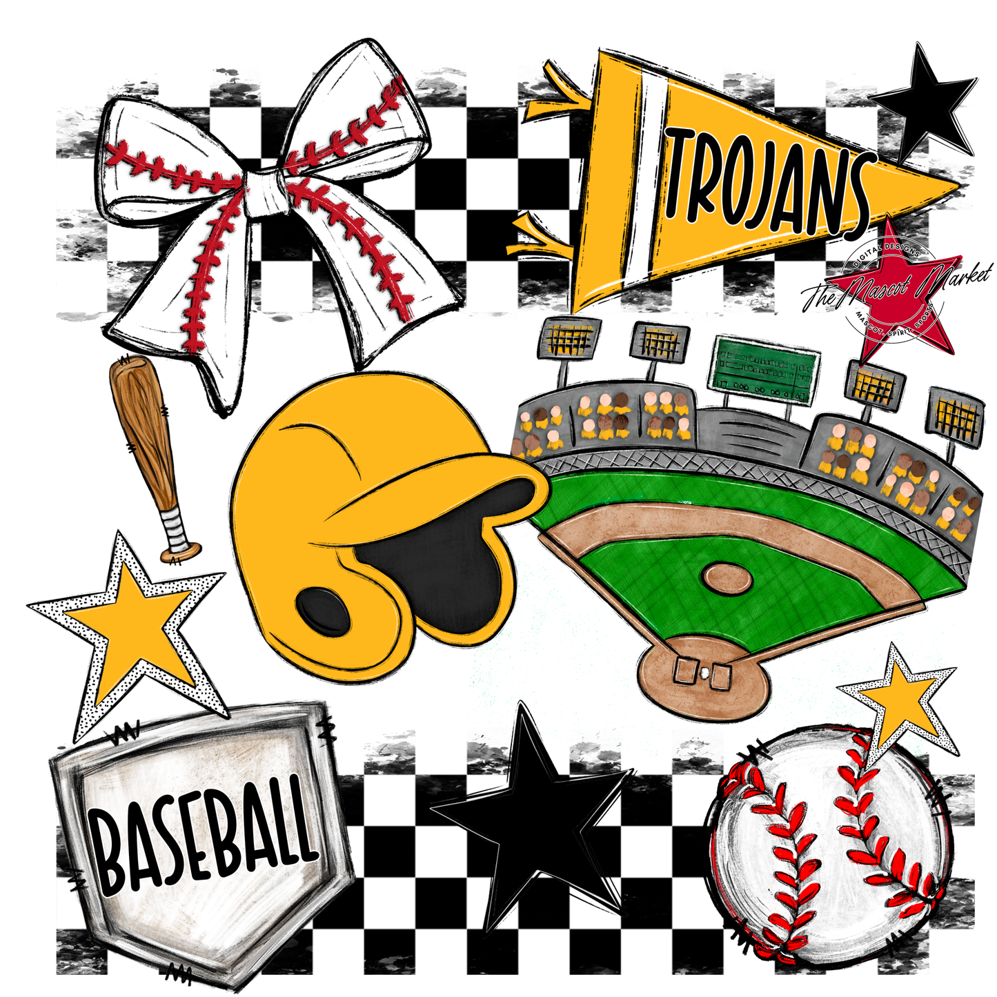 Trojans Checkers Baseball Spirit Design-Yellow