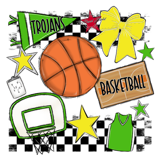 Trojans Checkers Basketball Spirit Design-Bright Green-Bright Yellow