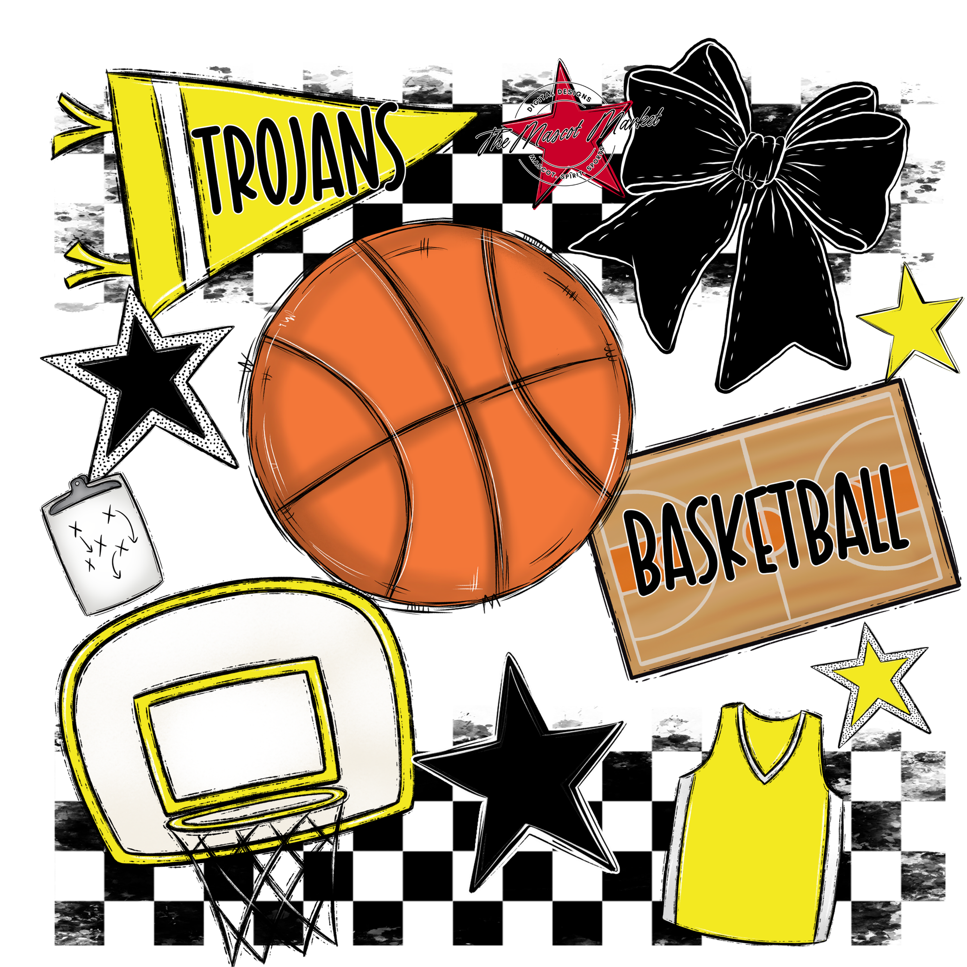 Trojans Checkers Basketball Spirit Design-Bright Yellow