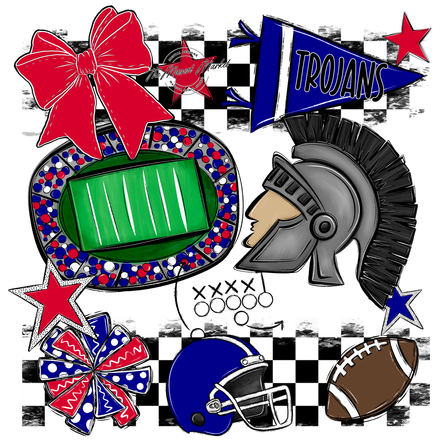 Trojans Checkers Mascot Spirit Design-Blue-Red