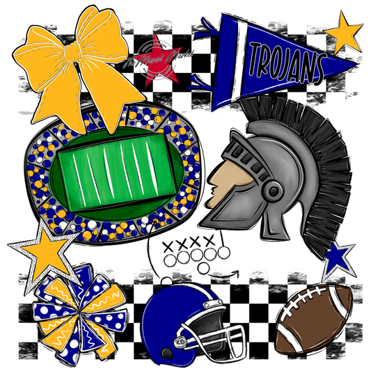 Trojans Checkers Mascot Spirit Design-Blue-Yellow