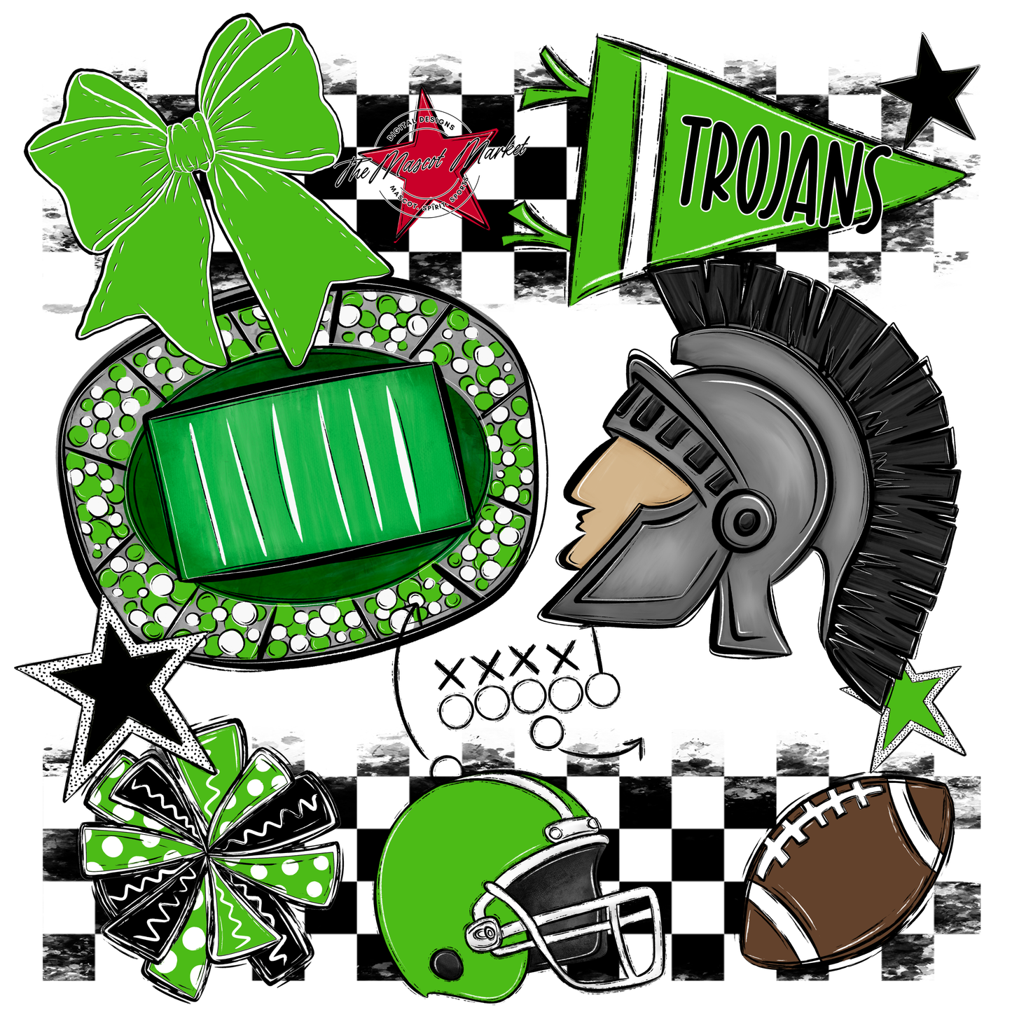 Trojans Checkers Mascot Spirit Design-Bright Green