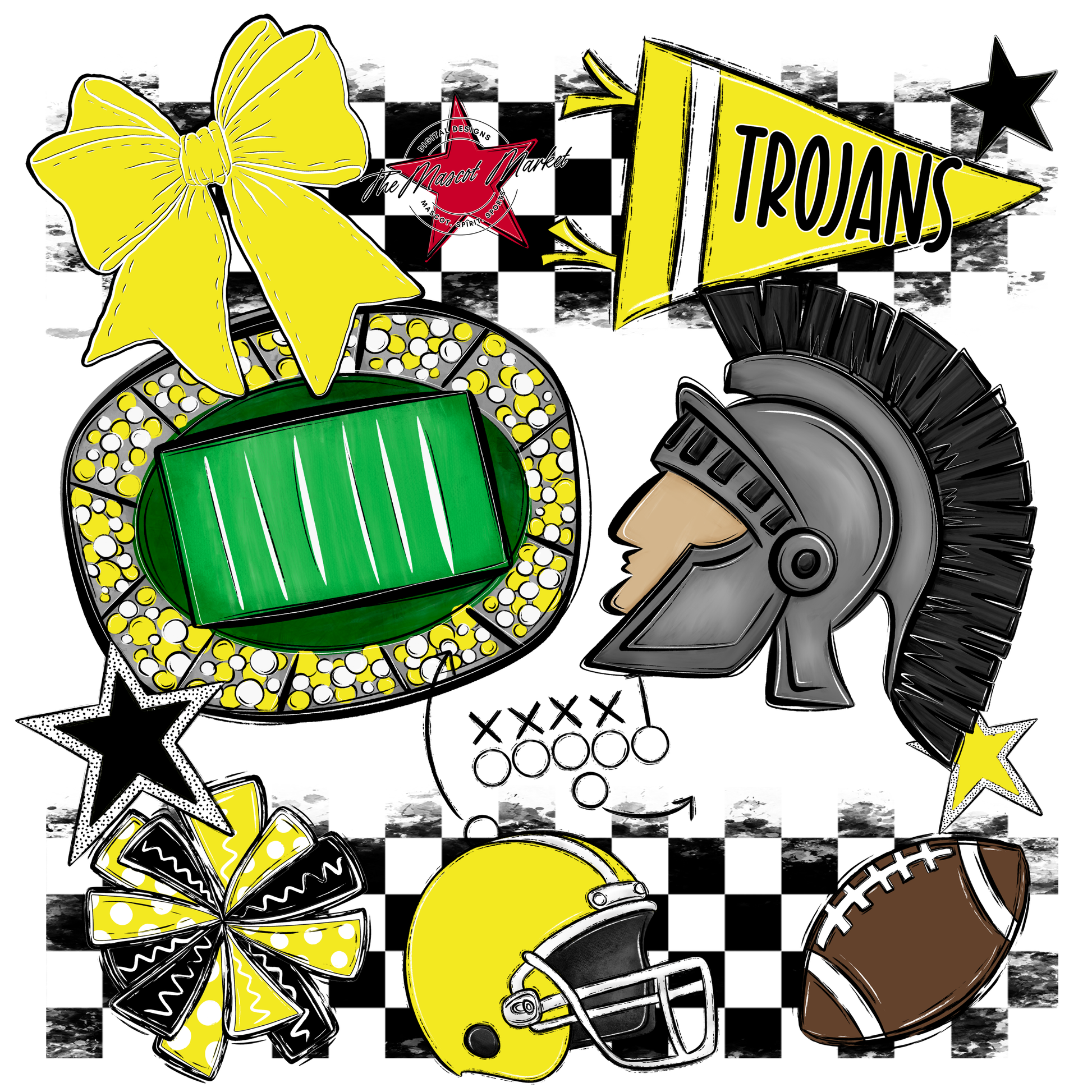 Trojans Checkers Mascot Spirit Design-Bright Yellow