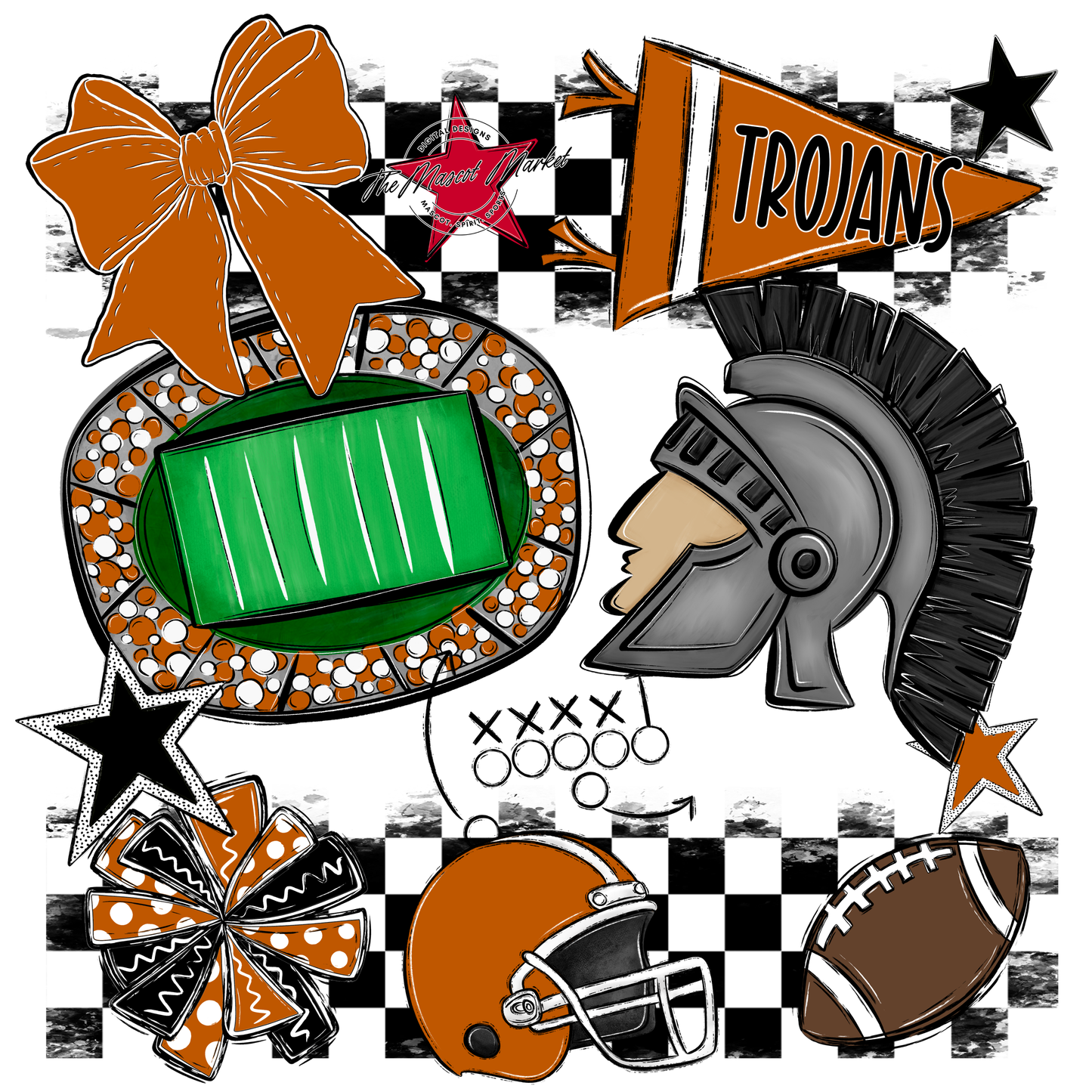 Trojans Checkers Mascot Spirit Design-Burnt Orange