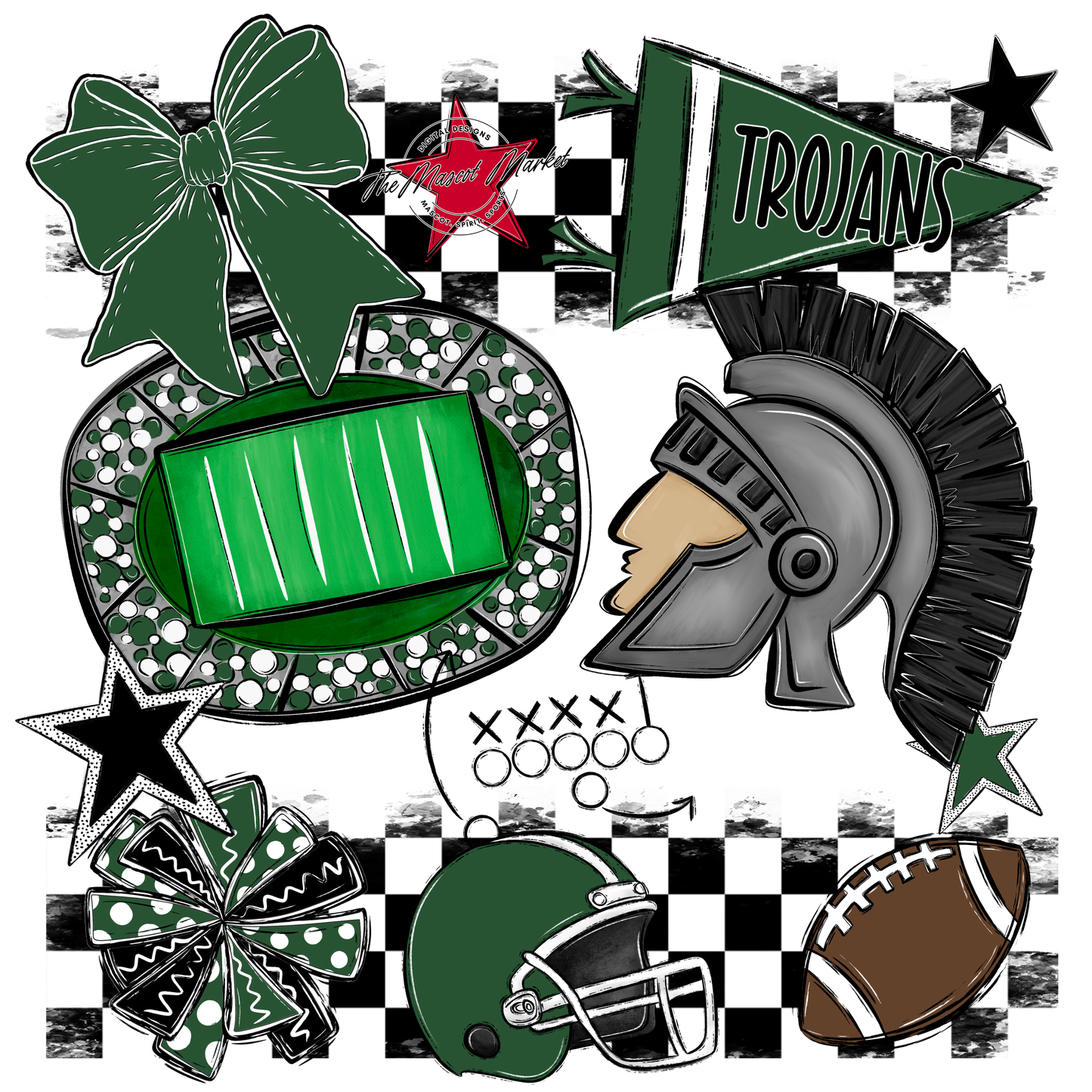 Trojans Checkers Mascot Spirit Design-Green