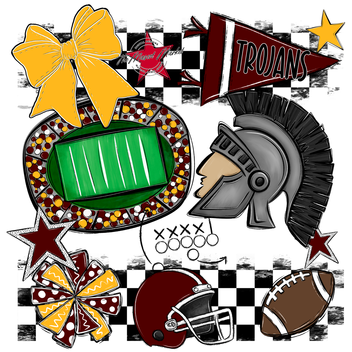 Trojans Checkers Mascot Spirit Design-Maroon-Yellow