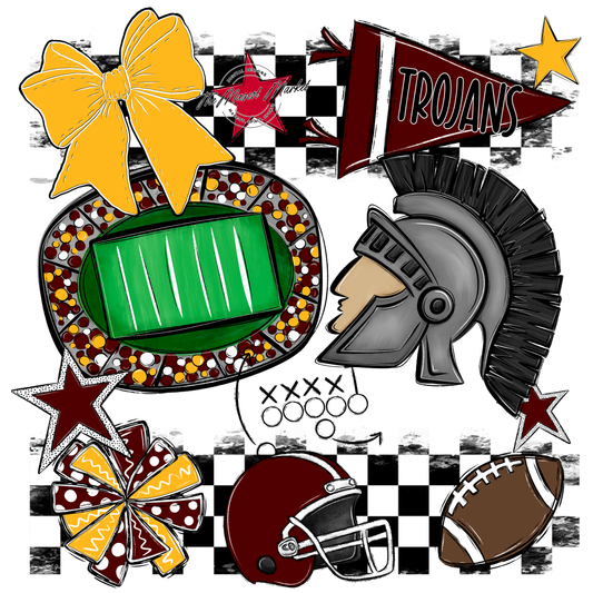Trojans Checkers Mascot Spirit Design-Maroon-Yellow