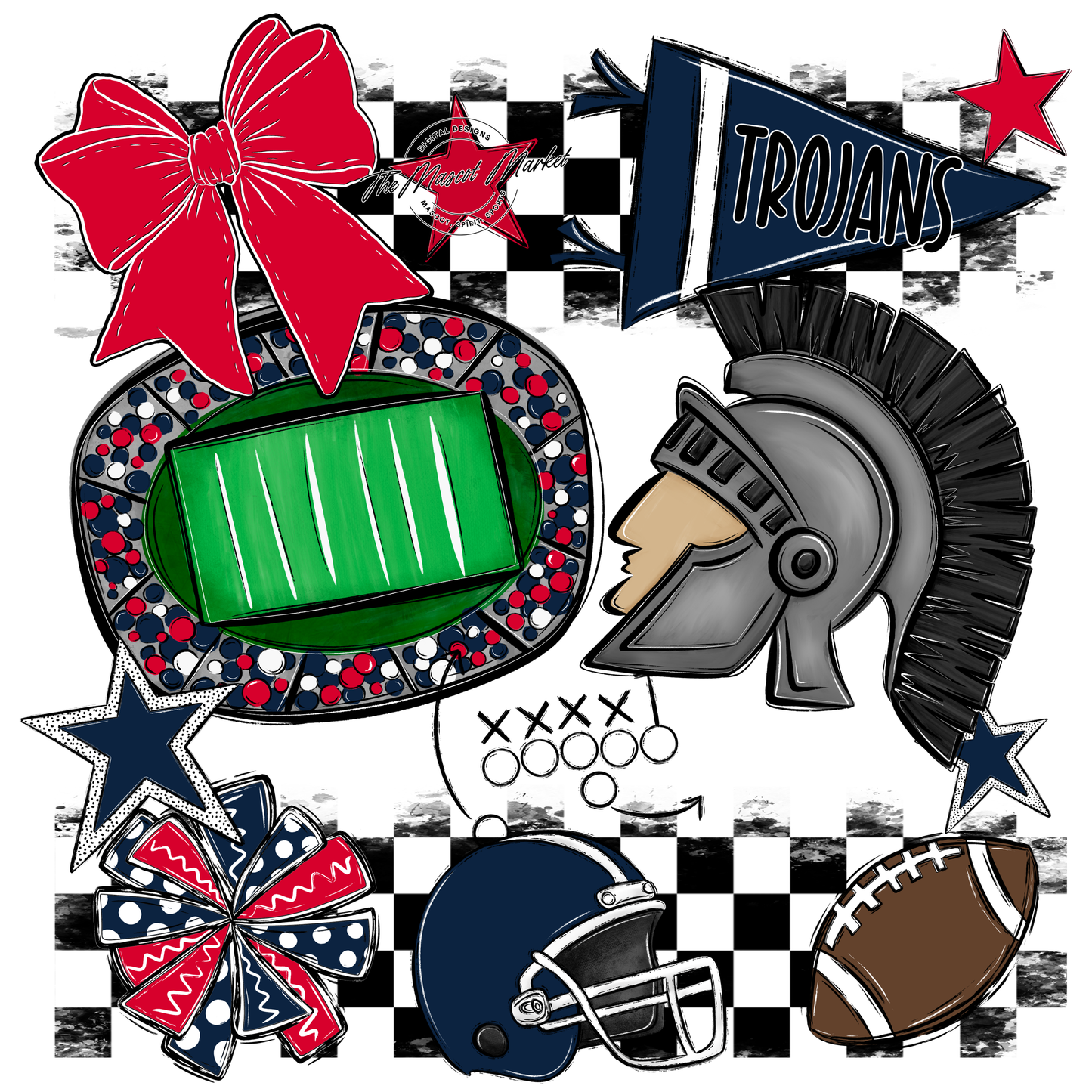 Trojans Checkers Mascot Spirit Design-Navy-Red