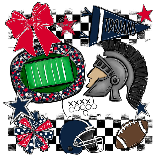 Trojans Checkers Mascot Spirit Design-Navy-Red