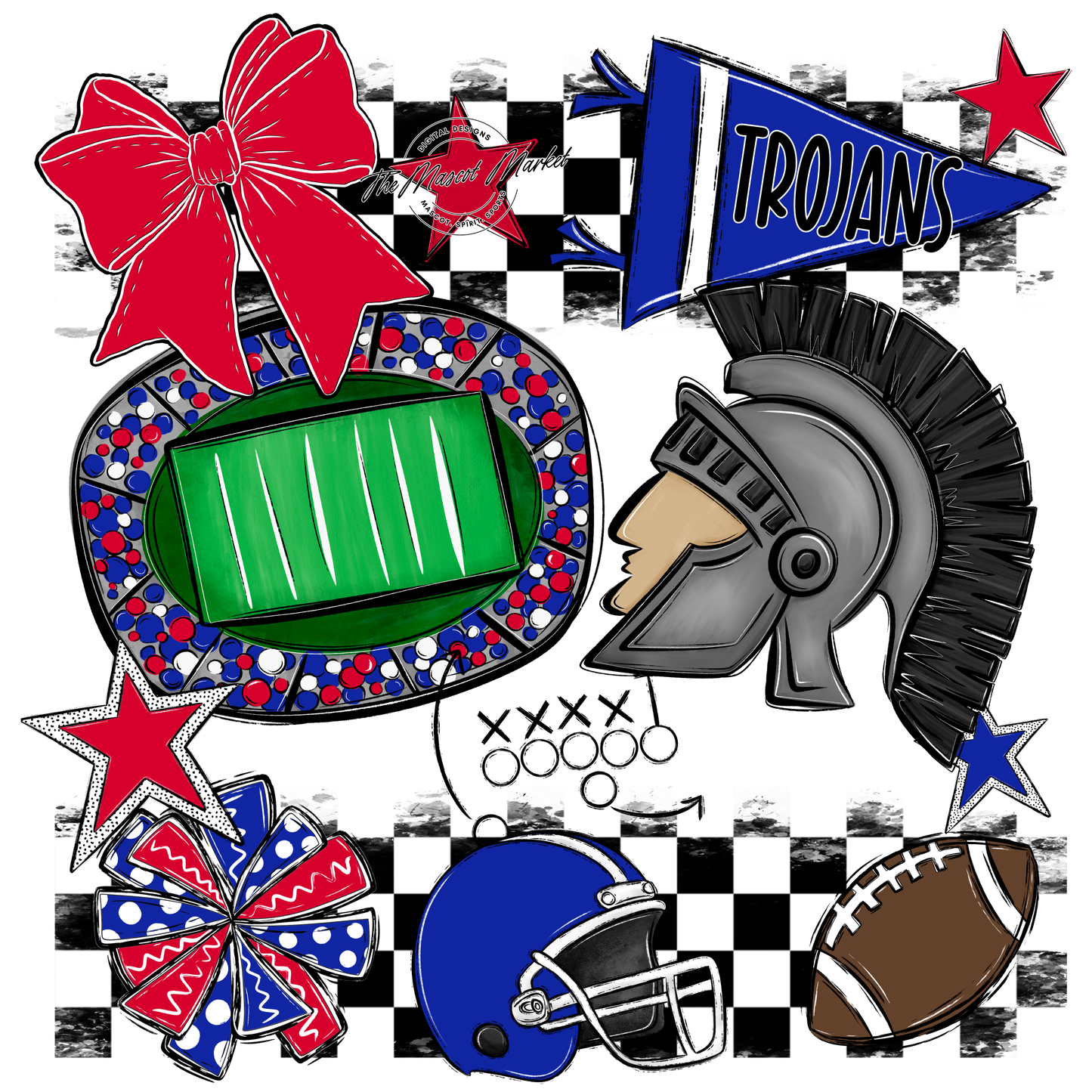 Trojans Checkers Mascot Spirit Design-Royal Blue-Red
