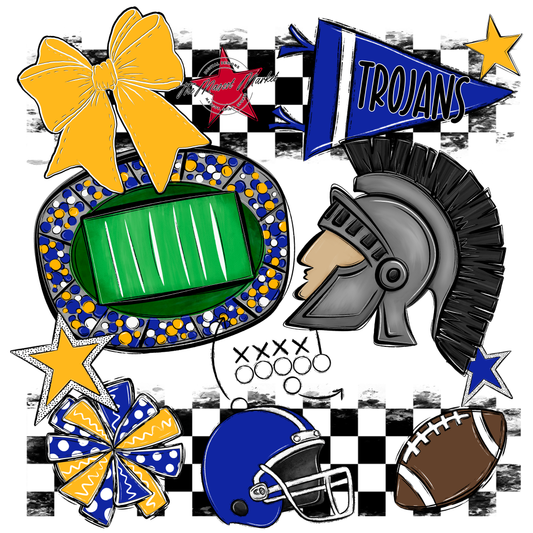 Trojans Checkers Mascot Spirit Design-Royal Blue-Yellow