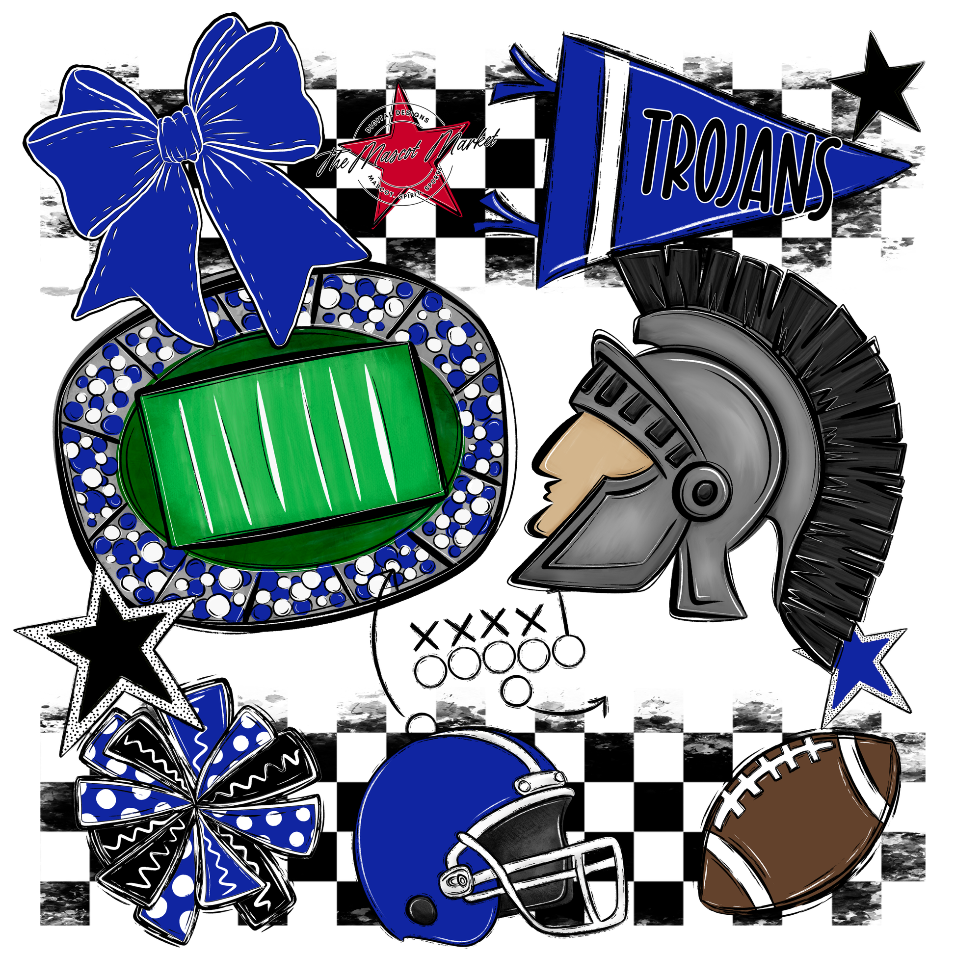 Trojans Checkers Mascot Spirit Design-Royal Blue