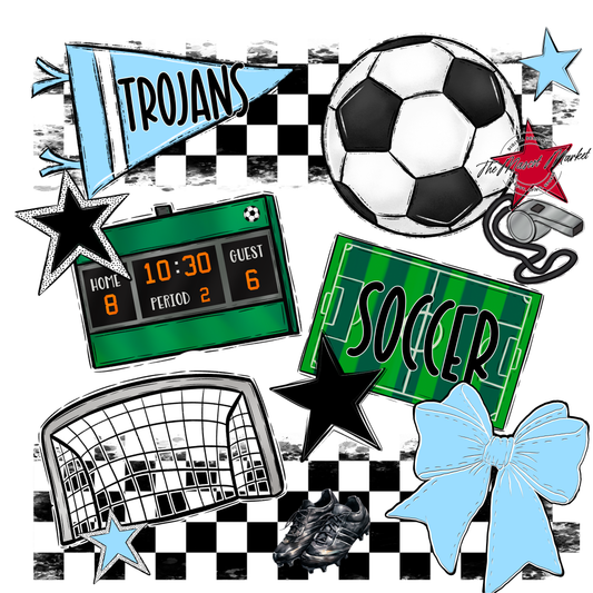 Trojans Checkers Soccer Spirit Design-Columbia Blue
