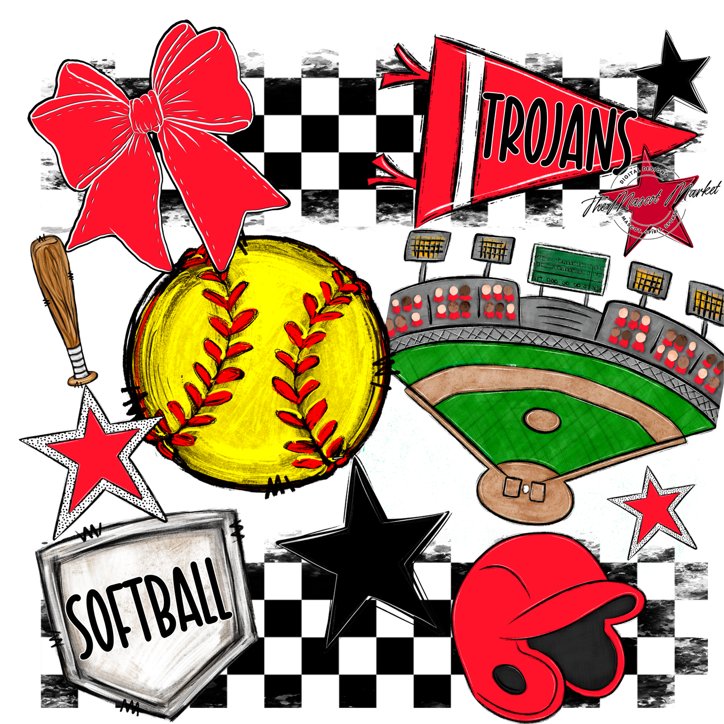 Trojans Checkers Softball Spirit Design-Bright Red