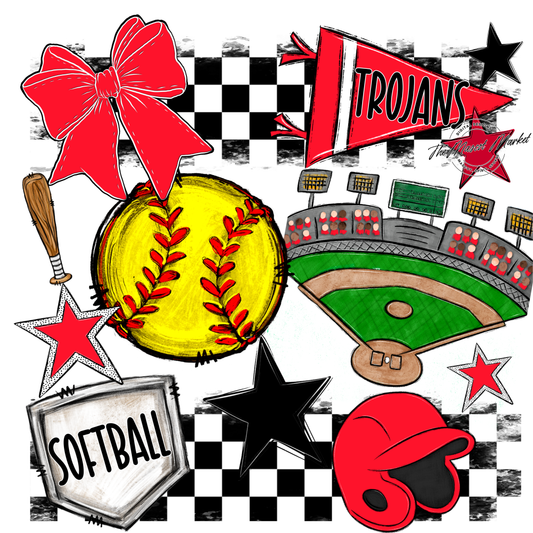 Trojans Checkers Softball Spirit Design-Bright Red