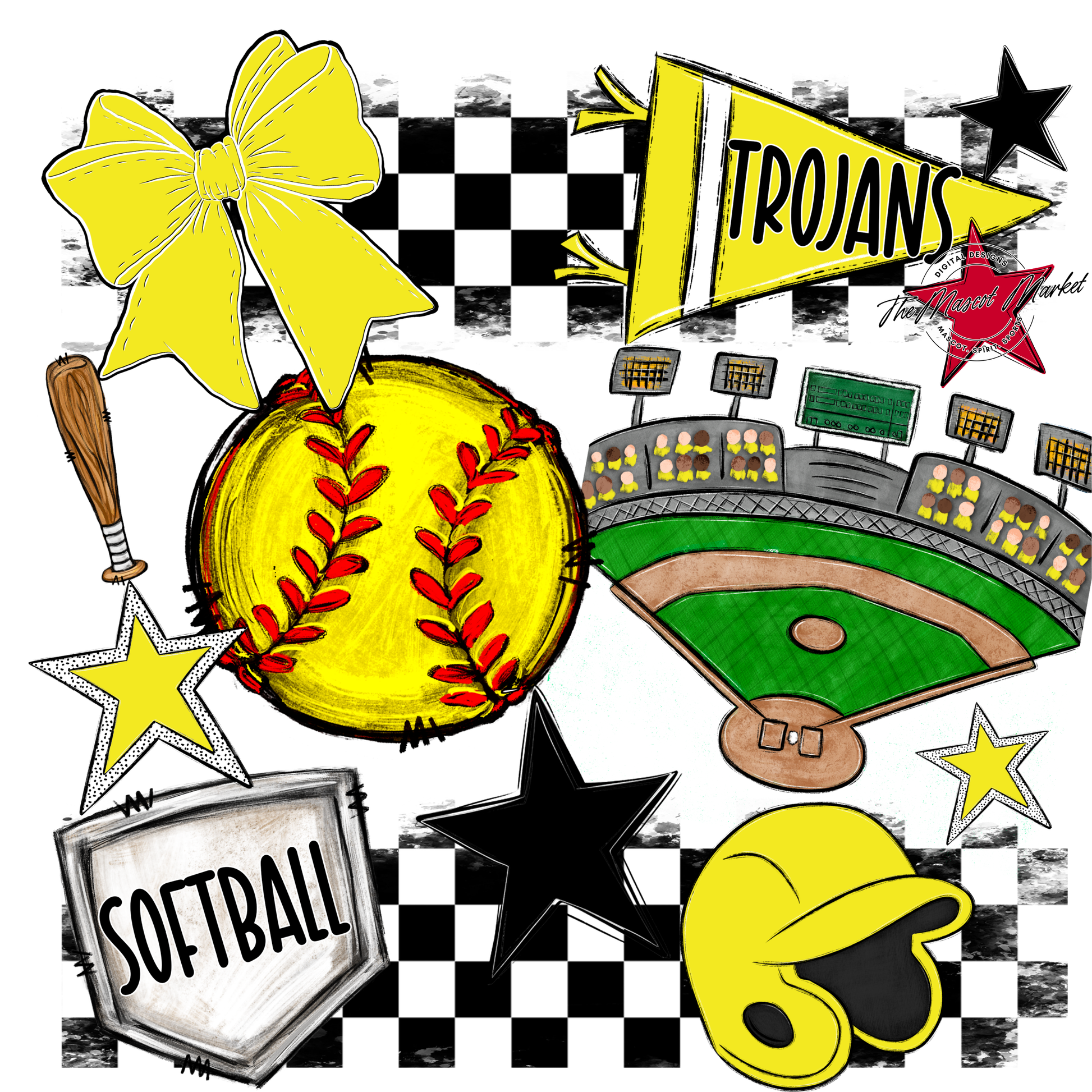 Trojans Checkers Softball Spirit Design-Bright Yellow