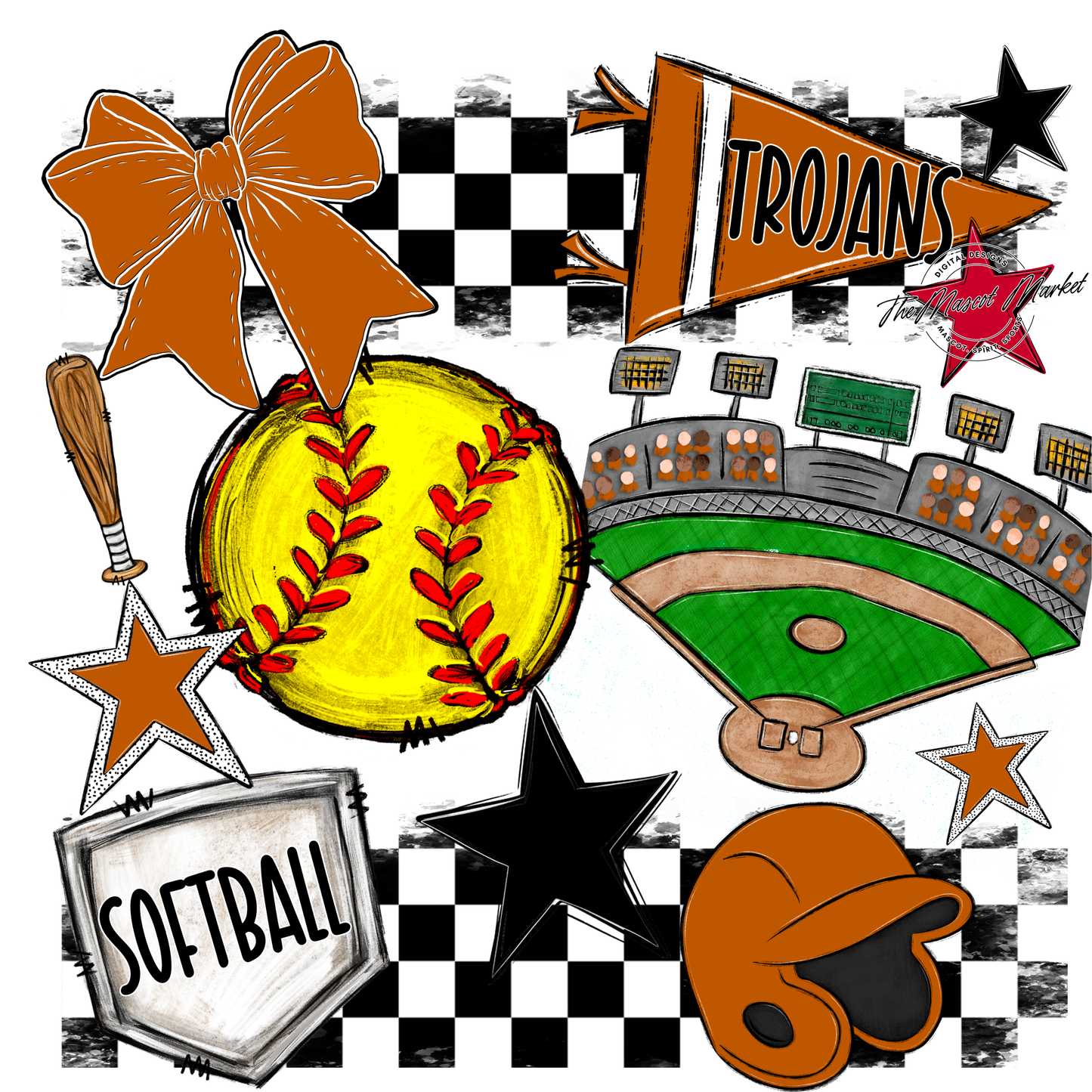 Trojans Checkers Softball Spirit Design-Burnt Orange