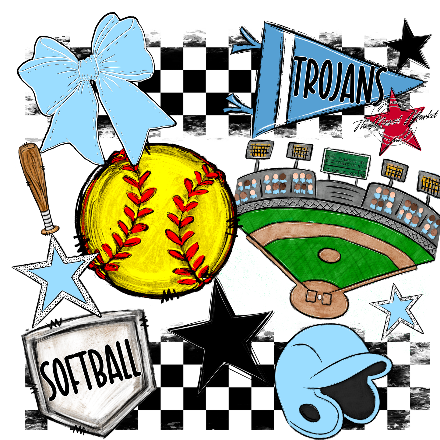 Trojans Checkers Softball Spirit Design-Columbia Blue