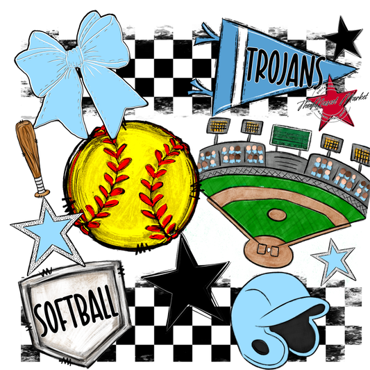 Trojans Checkers Softball Spirit Design-Columbia Blue