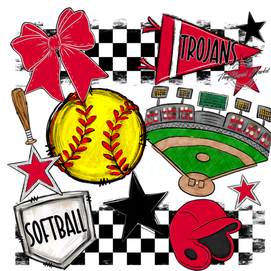Trojans Checkers Softball Spirit Design-Red