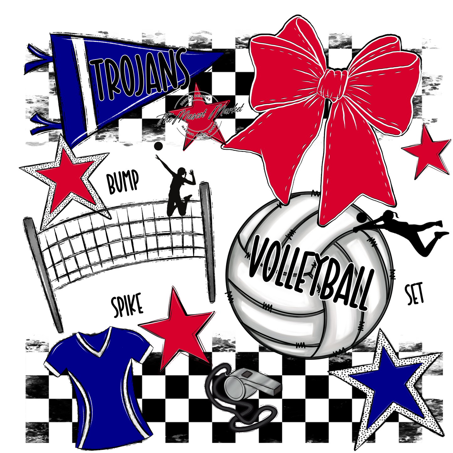 Trojans Checkers Volleyball Spirit Design-Blue-Red