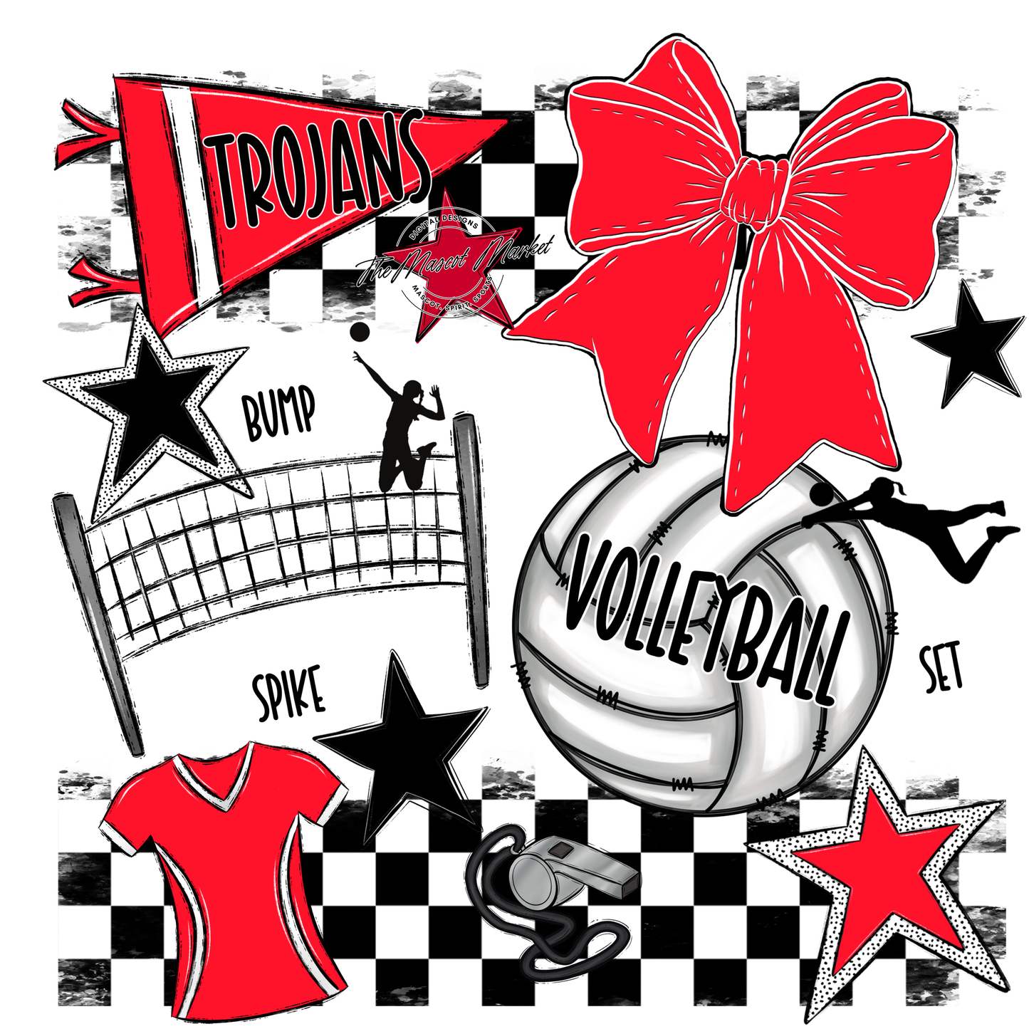 Trojans Checkers Volleyball Spirit Design-Bright Red