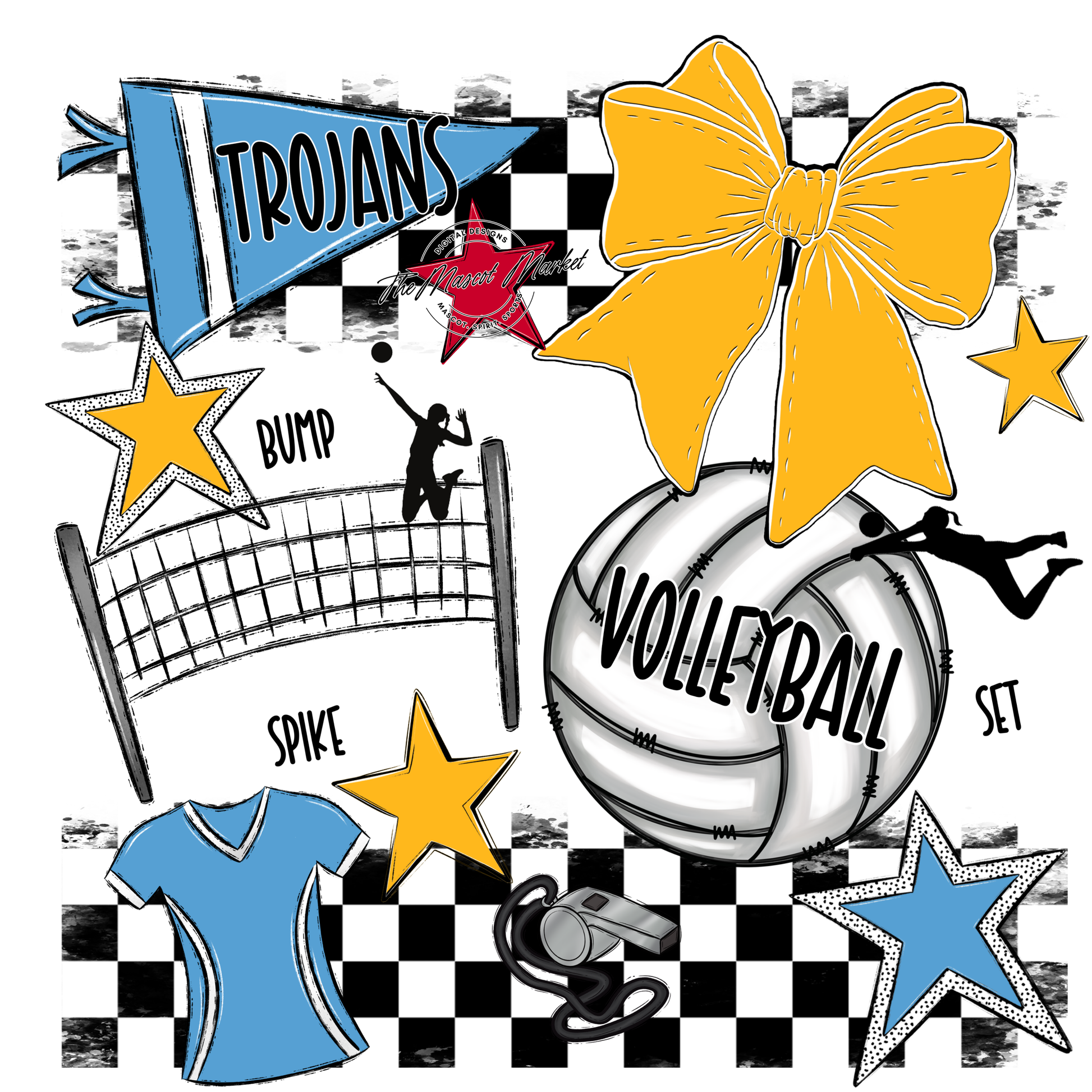 Trojans Checkers Volleyball Spirit Design-Carolina Blue-Yellow