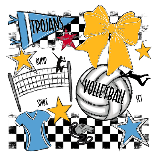 Trojans Checkers Volleyball Spirit Design-Carolina Blue-Yellow