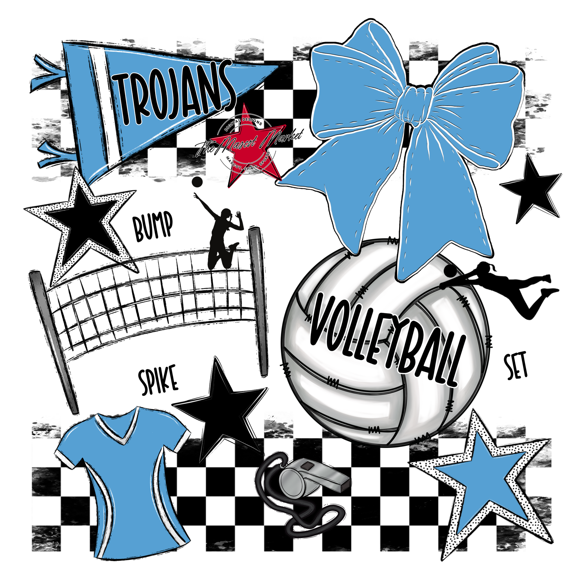 Trojans Checkers Volleyball Spirit Design-Carolina Blue