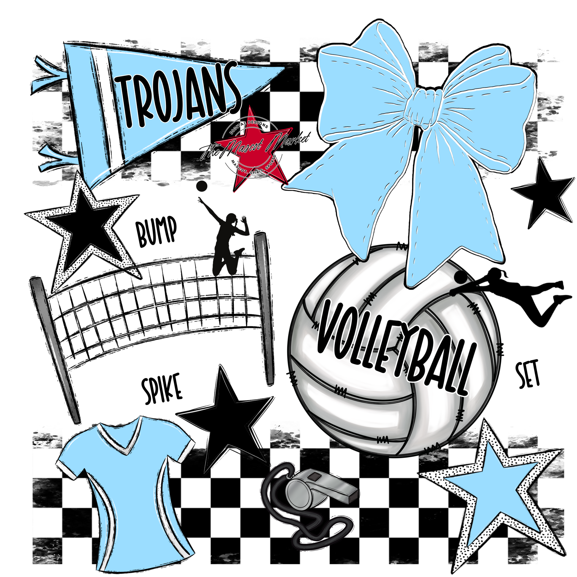 Trojans Checkers Volleyball Spirit Design-Columbia Blue