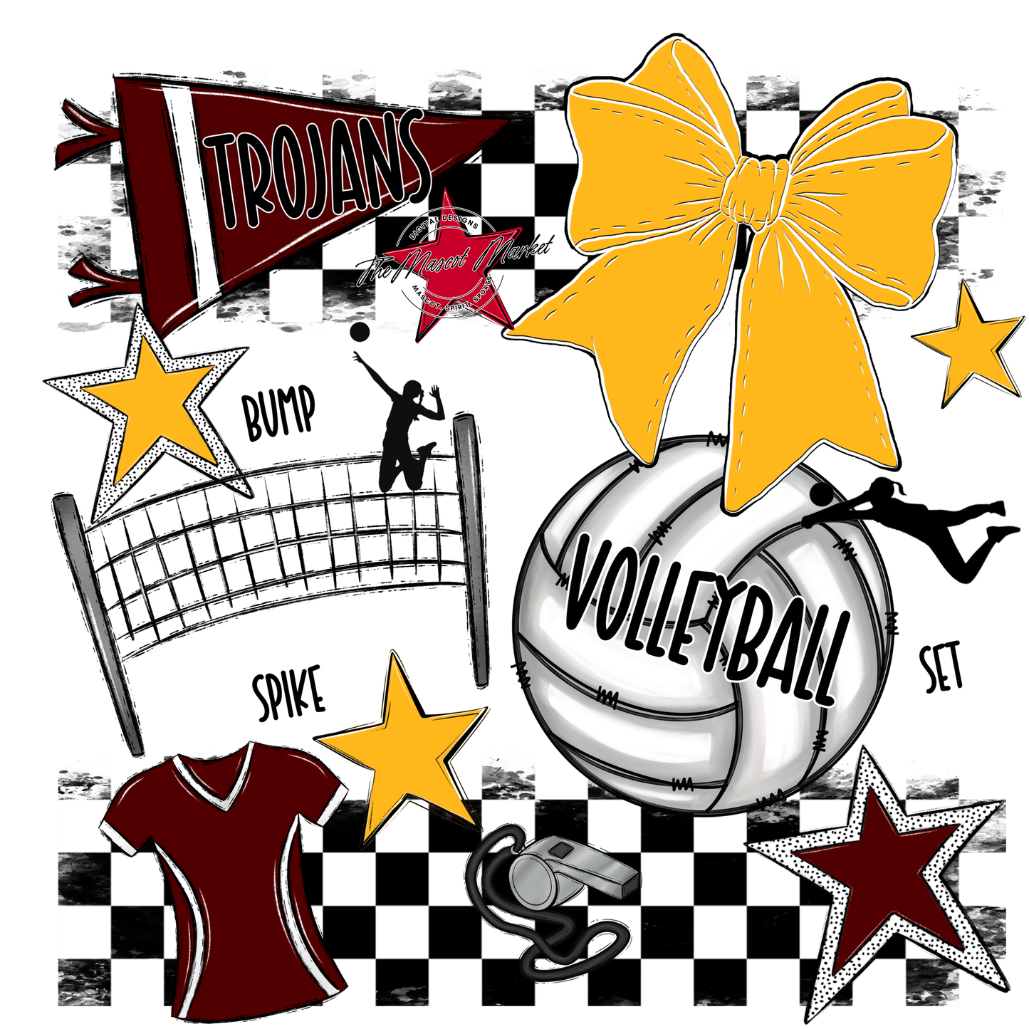 Trojans Checkers Volleyball Spirit Design-Maroon-Yellow