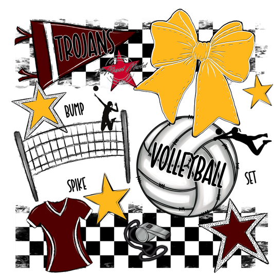 Trojans Checkers Volleyball Spirit Design-Maroon-Yellow