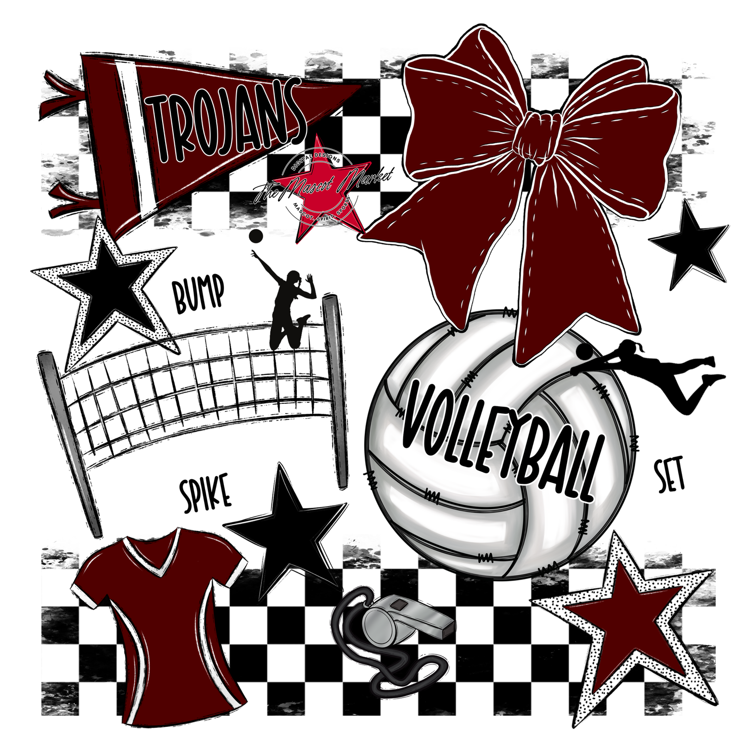 Trojans Checkers Volleyball Spirit Design-Maroon