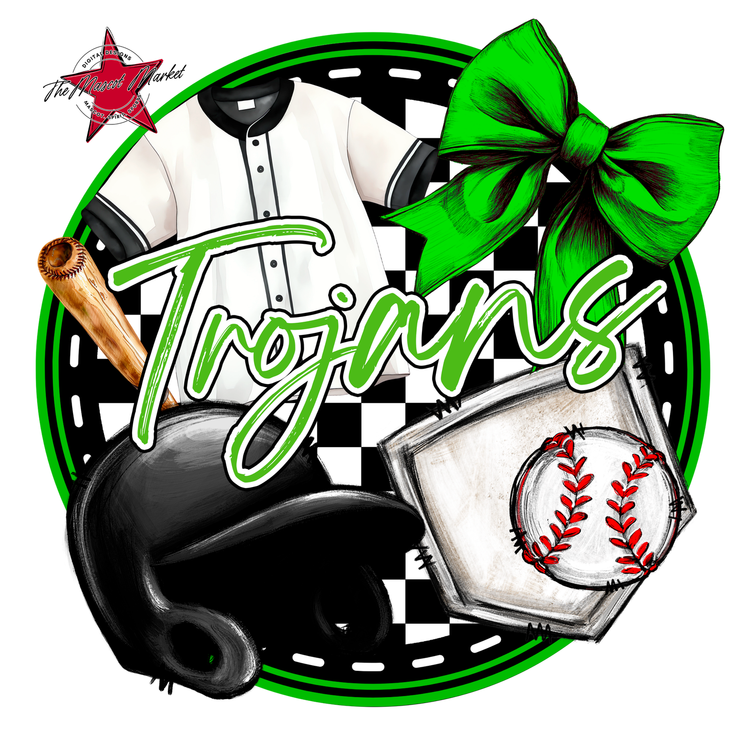 Trojans Circle Baseball Design-Bright Green