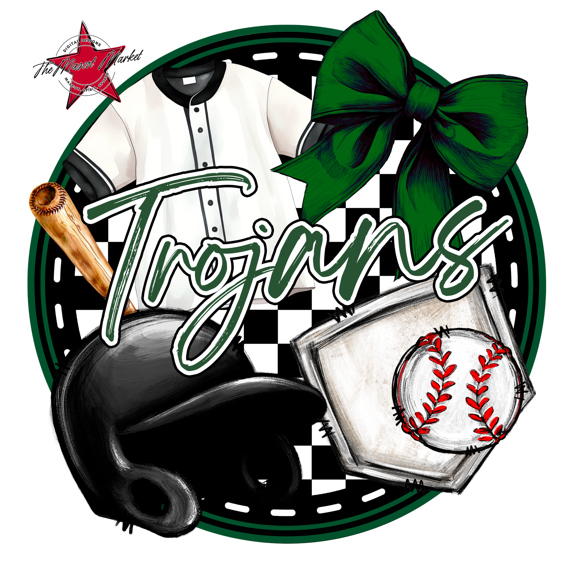 Trojans Circle Baseball Design-Green